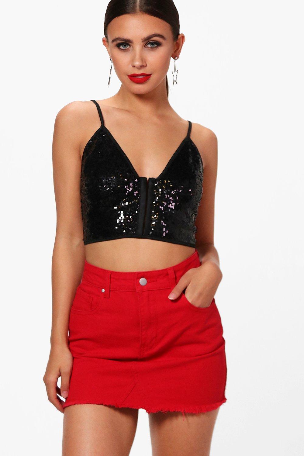 Red denim skirt sales boohoo